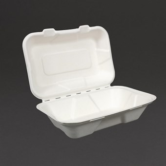 Vegware composteerbare bagasse voedseldozen met scharnierdeksel 22,8cm (200 stuks)