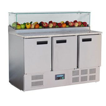 Polar G-serie 3-deurs pizza koelwerkbank met opzetvitrine 436Ltr
